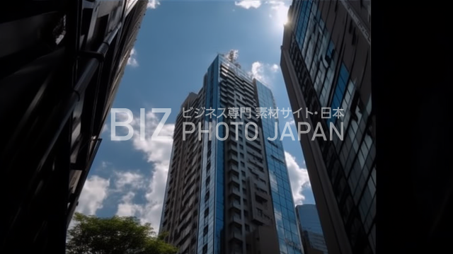 青空と一緒に撮影された東京の高層ビル群の地上と空中の写真
