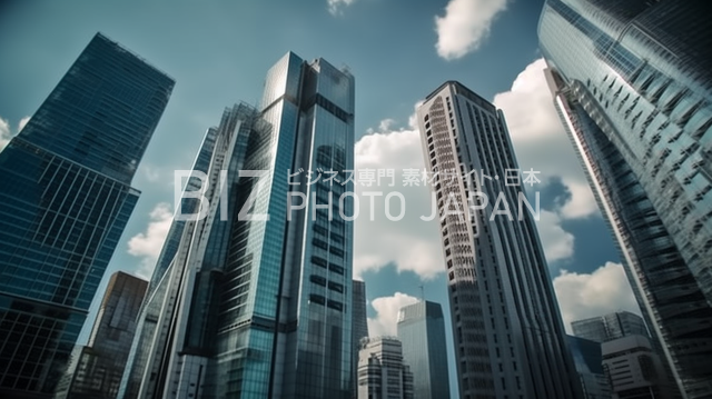 青い空とともに東京の高層ビルを写した画像