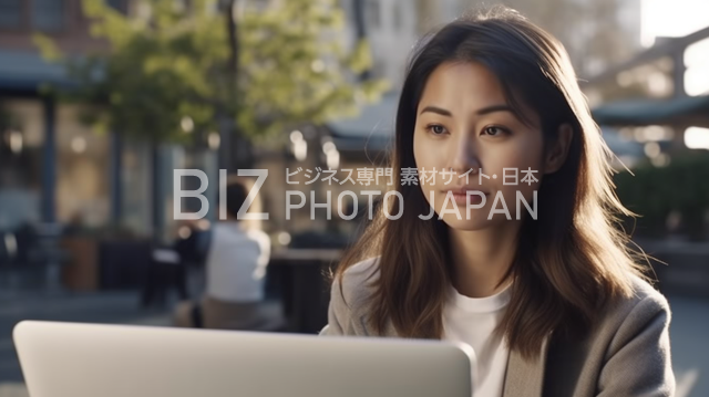屋外でノートパソコンを操作する日本の女性ビジネスパーソンの