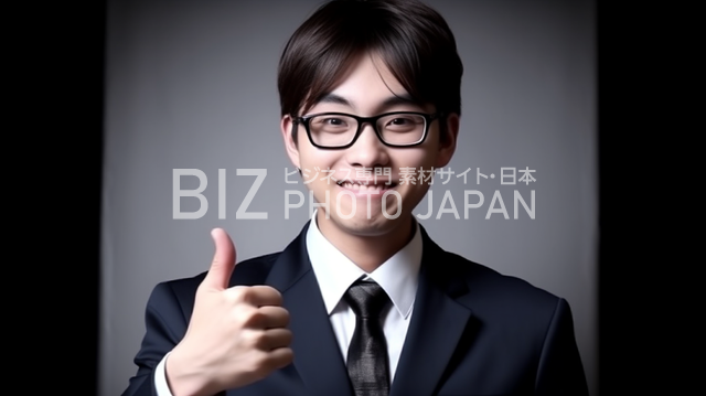 成功や達成を表現するポーズをとる日本人ビジネスマン