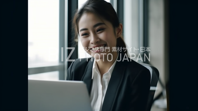 ノートパソコンを操作する笑顔の女性社員