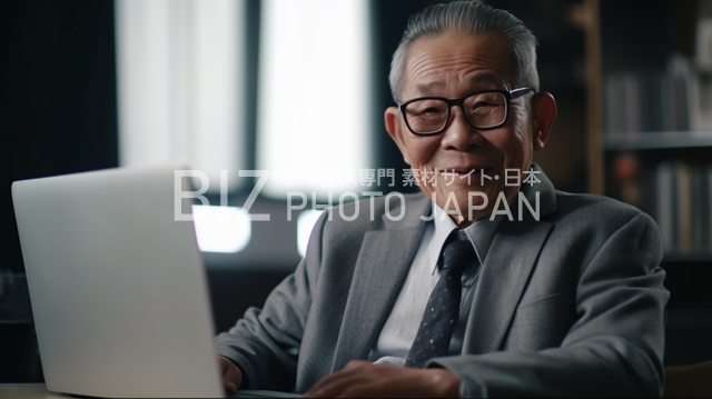 笑顔の日本人男性がノートパソコンに向かっている