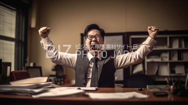 ストレスや欲求不満を抱えた日本人男性が歯をむき出しに笑うビジネスマン
