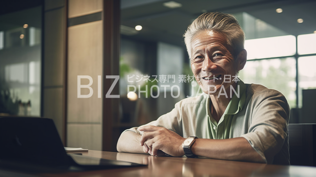渋谷の明るいホテルのロビーで写真撮影をする日本人ビジネスマン