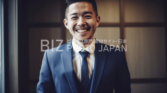 全身写真、笑顔の日本人男性