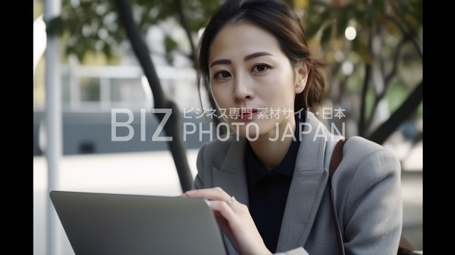 外でノートパソコンを操作する日本人ビジネスウーマン