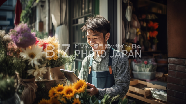 花屋で働く日本人男性が笑顔でオンライン注文の対応をしている様子(iPad)