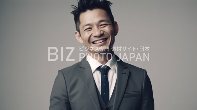 日本人男性が全身で笑顔を見せる