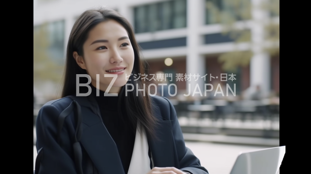 屋外でラップトップを操作する日本人女性ビジネスマン