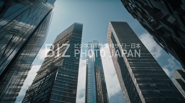 青空に浮かぶ東京の高層ビルの地上空撮影