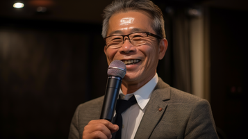 スピーカーがポイントを強調し、笑顔で話す日本のビジネスマン