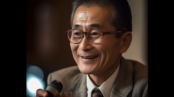スピーカーがビジネスで重要なポイントを強調して笑顔の日本人