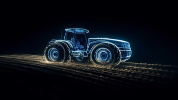 白い光る線がトラクターを走る農地を表現する写真素材