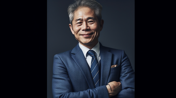 立って笑顔を見せる日本人男性の写真素材