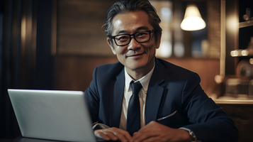 笑顔の日本人男性がノートパソコンを操作する様子