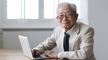 白髪の日本人高齢男性がスーツを着て笑っているポートレート。右手はノートパソコンの前