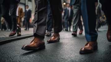 渋谷の通りを通るビジネスマンの足元のクローズアップ