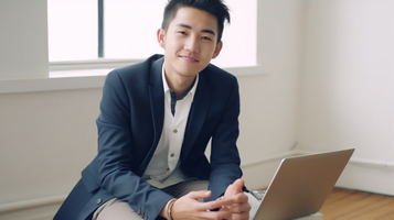 笑顔のスーツを着た日本人男性がパソコンの前に座っている様子