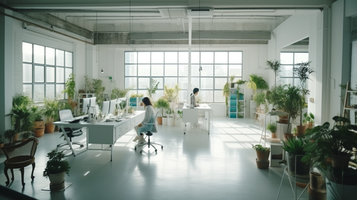 白い内装の明るいオフィスで働く日本人の様子