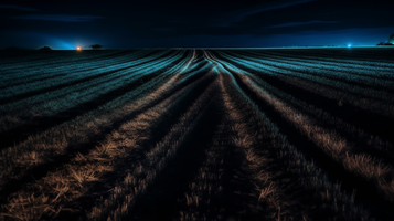 白い輝く線で表現された農業機械が畑を走るイラスト