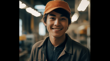 作業ぎを着た20代の日本人男性が笑顔で笑っている正面ポートレート