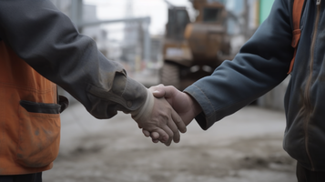 建設作業員が工事現場で握手する