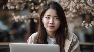 22歳の日本人女性が屋外でラップトップを操作する様子