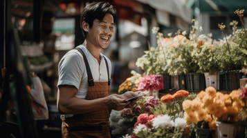 20代の笑顔の日本人男性が花屋で働いている