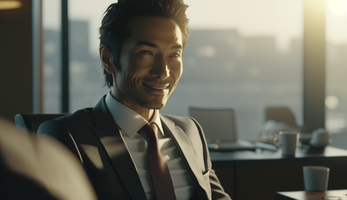 明るい会議室で笑顔の日本人