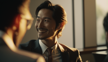 明るく照らされた日本の会議室で笑顔の日本人
