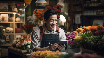 花屋で働く笑顔の日本人男性がiPadで注文受注処理