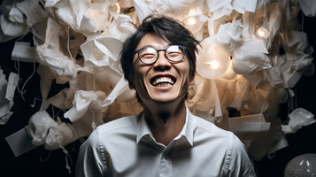 アイデアを出し合う多様性のあるグループ、歯を見せて笑う日本人