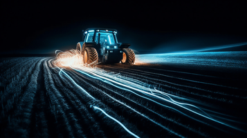 トラクターが畑を走る白い光る線で表現された写真
