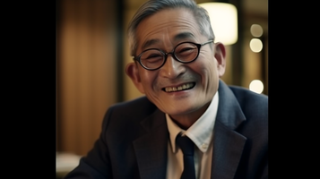 笑顔でノートパソコンを見る日本人男性