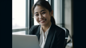 ノートパソコンを操作する笑顔の女性社員