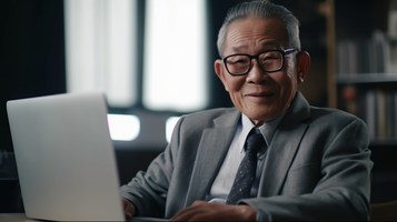 笑顔の日本人男性がノートパソコンに向かっている