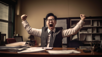 ストレスや欲求不満を抱えた日本人男性が歯をむき出しに笑うビジネスマン