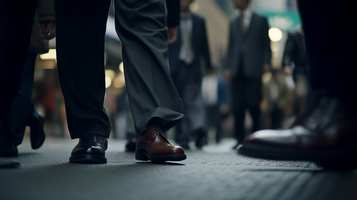 渋谷で通り過ぎるビジネスマンの足のクローズアップ