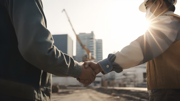 都市のバックグラウンドと握手する建設作業員たち