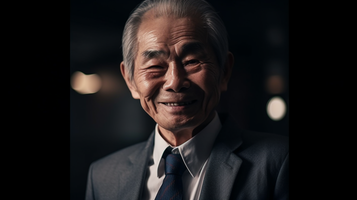 全身写真の日本人男性が笑顔
