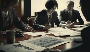 日本人が書類を取り扱う様子、会議室のテーブル