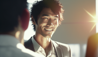 明るい照明の会議室で会う日本人の笑顔のクローズアップ