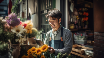 花屋で働く日本人男性が笑顔でオンライン注文の対応をしている様子(iPad)
