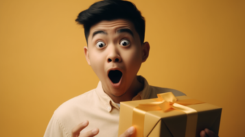 ウキウキ！20代男性がプレゼントを受け取り、驚きの表情を浮かべるシーン