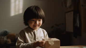 メッセージカードを添えて！幼い男の子がプレゼントを渡す際の心温まる光景