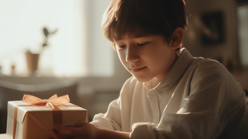 想いを込めたメッセージ！10代男性がプレゼントを渡す際に手作りのメッセージカードを添えるシーン