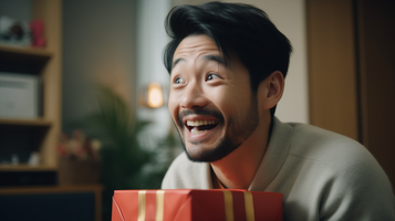 驚きの表情！30代男性がプレゼントを受け取った後、驚愕の表情を浮かべるシーン