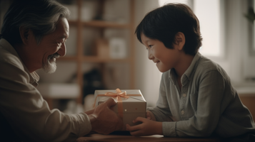 照れくさい瞬間！幼い男の子が20代男性にプレゼントを渡す際、照れ笑いを浮かべるシーン