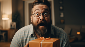 驚きと感動の涙！30代男性がプレゼントを受け取り、涙ぐむ表情を捉える感動の瞬間