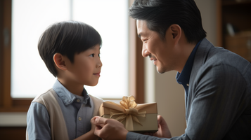 絆の瞬間！プレゼントを手渡した少年と父親の目が交差し微笑む感動の瞬間